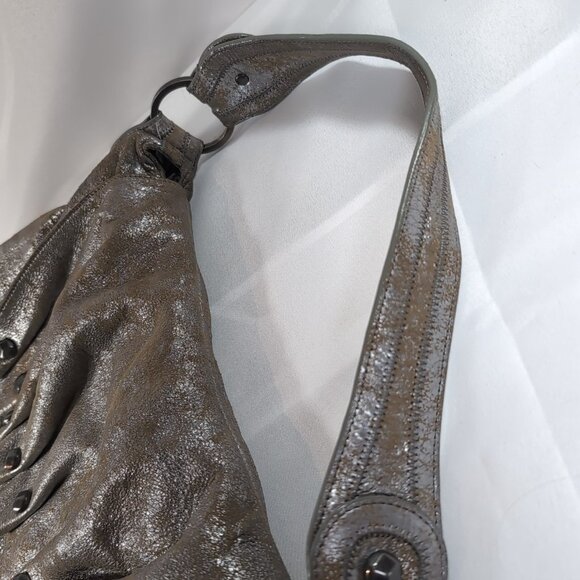 7 For All Mankind Leather Purse Shoulder Bag Silver Distressed Studded Hobo Flap - Picture 16 of 16